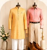 Yellow kurta, and a pink party shirt with beige trousers