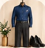 Navy party shirt with black trousers