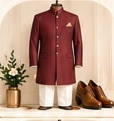 Maroon Jodhpuri bandhgala with white trousers