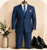 Navy suit with a blue tie