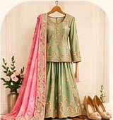 Pastel green sharara suit with a pink dupatta