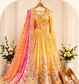 Yellow and orange lehenga with a pink dupatta