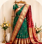 Green Maharashtrian saree with a red and gold border